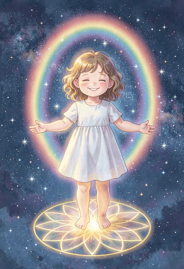 Ein kleines Mädchen mit geschlossenen Augen, umgeben von einem weichen Regenbogen-Leuchten