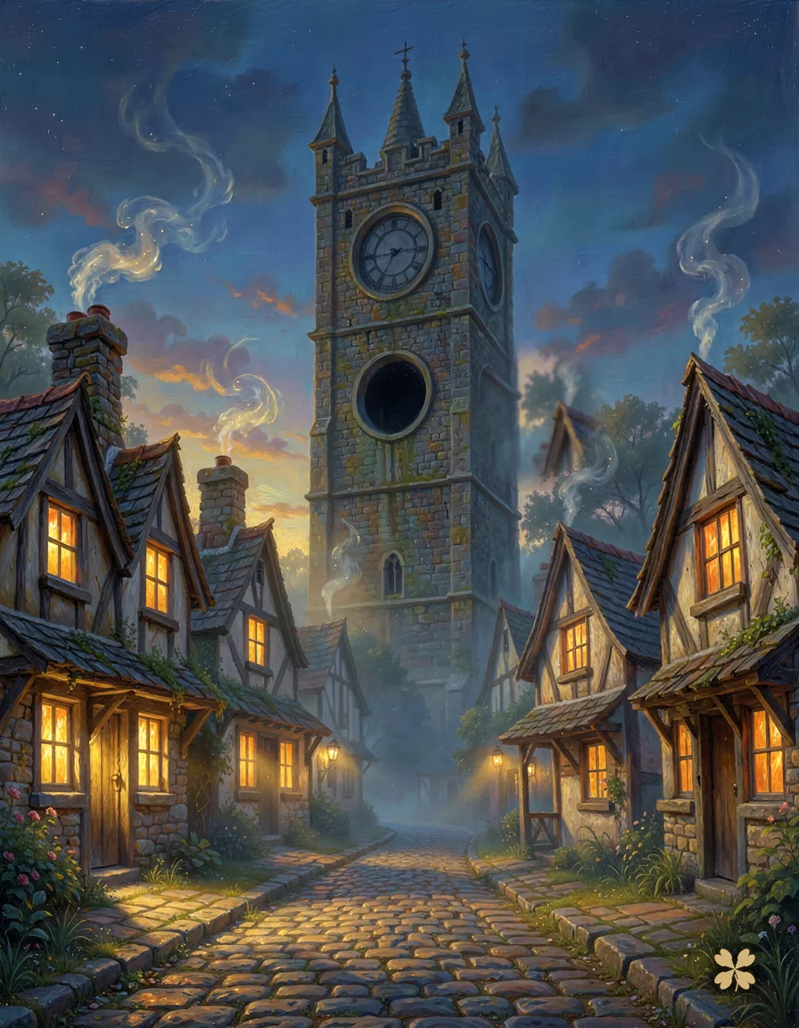 Mystischer Uhrturm im alten Dorf