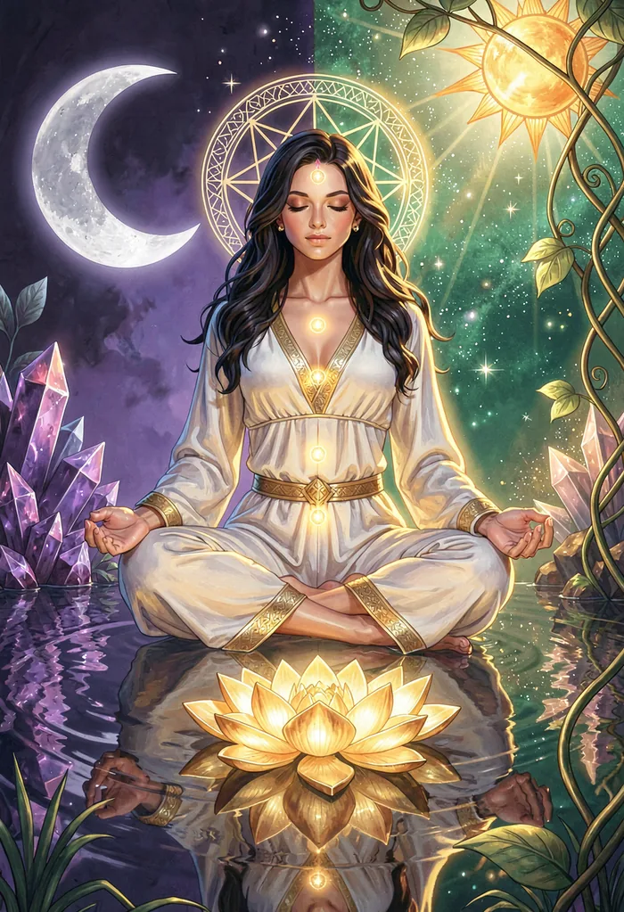 Eine meditierende Lichtgestalt über einem goldenen Lotus — links Mondschatten, rechts Sonnenlicht