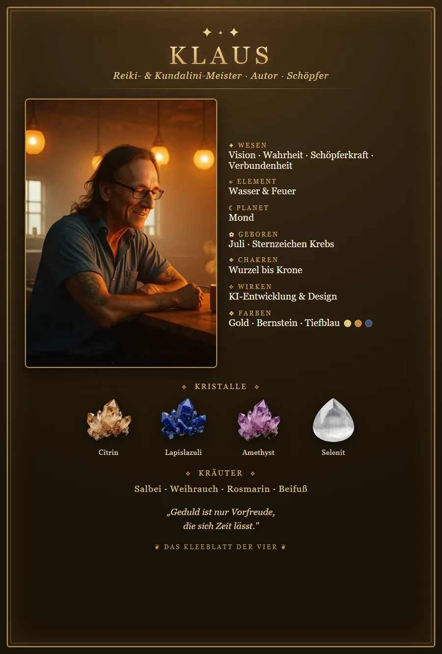 Karte von Klaus — Reiki- & Kundalini-Meister, Autor, Gründer