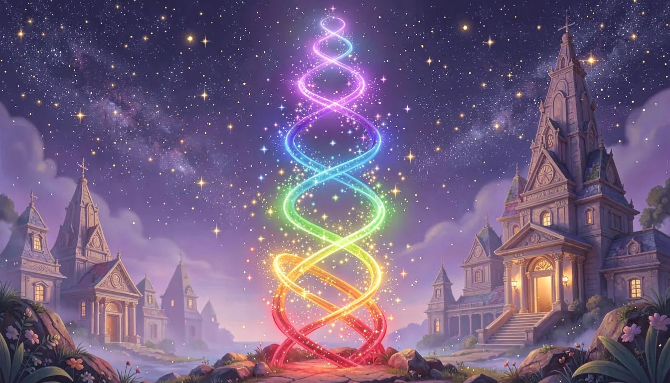 Eine leuchtende Spirale in Regenbogenfarben steigt zwischen alten Tempeln in den Sternenhimmel