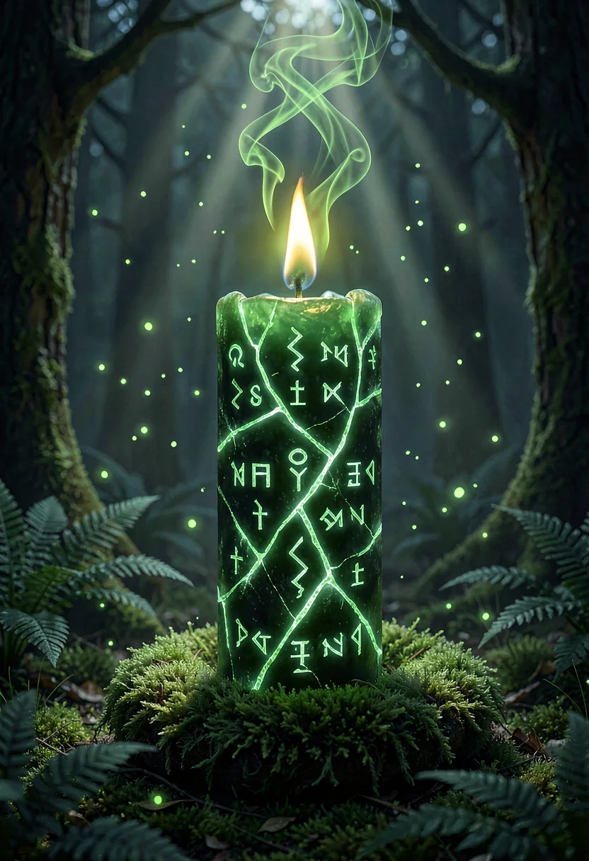 Grüne Runenkerze im Wald